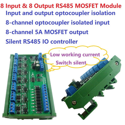 R4M8A08 5A DC 6-24V 8I8O Multifunction Modbus RTU MOSFET Module Support 03 06 16 Function Code RS485 Switch Control Board DIN35 Rail Box