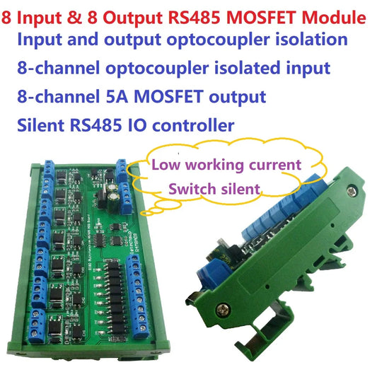 R4M8A08 5A DC 6-24V 8I8O Multifunction Modbus RTU MOSFET Module Support 03 06 16 Function Code RS485 Switch Control Board DIN35 Rail Box