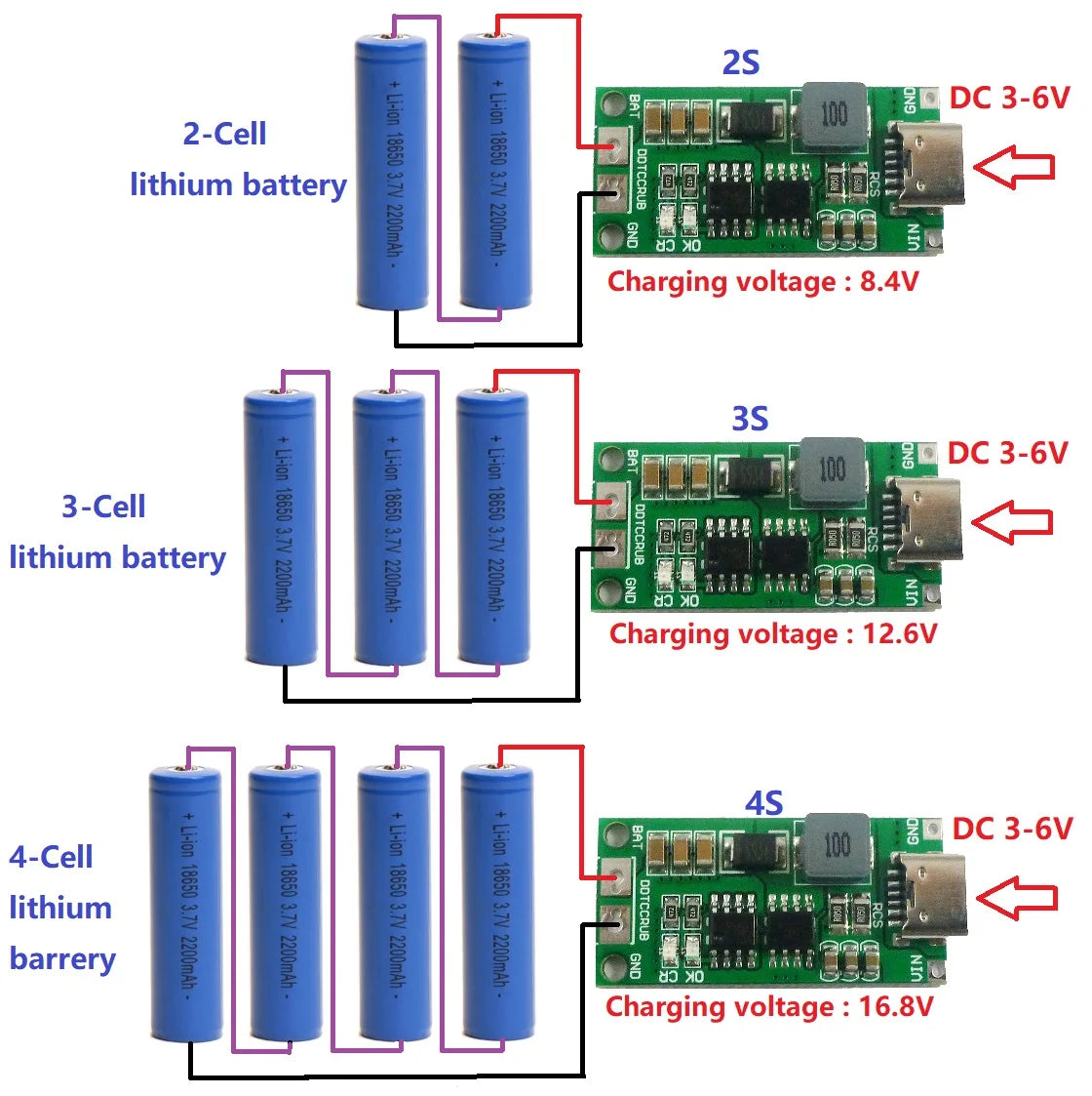 DDTCCRUB Multi-Cell 2S 3S 4S Type-C To 8.4V 12.6V 16.8V Step-Up Boost LiPo Polymer Li-Ion Charger 7.4V 11.1V 14.8V 18650 Lithium Battery