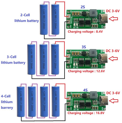 DDTCCRUB Multi-Cell 2S 3S 4S Type-C To 8.4V 12.6V 16.8V Step-Up Boost LiPo Polymer Li-Ion Charger 7.4V 11.1V 14.8V 18650 Lithium Battery