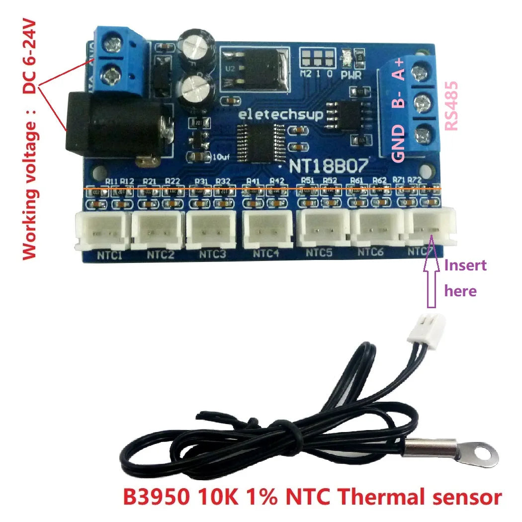 NT18B07 7 Channel NTC Temperature Transmitter 10K Thermistor to RS485 Acquisition Module for PLC Paperless recorder Configuration Softwa