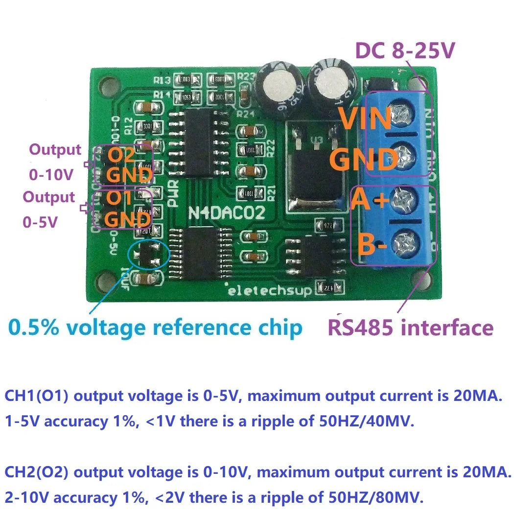 N4DAC02 DC 12V 0-5V 0-10V Voltage Signal Generator DAC Converter Module RS485 Modbus RTU for PLC Measuring Instruments