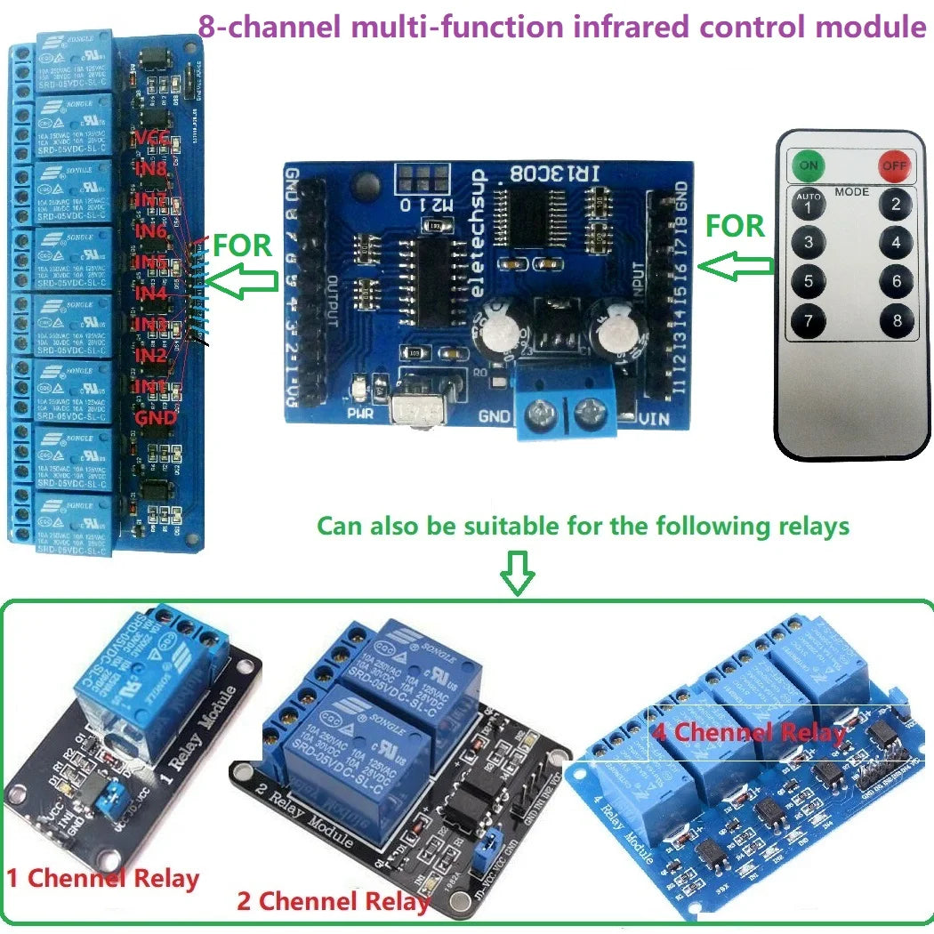 IR13C08 8CH DC 5V 12V Multi-function IR infrared remote control module Delay Self-locking VS1838 Receiver decoder for Relay Switch Board