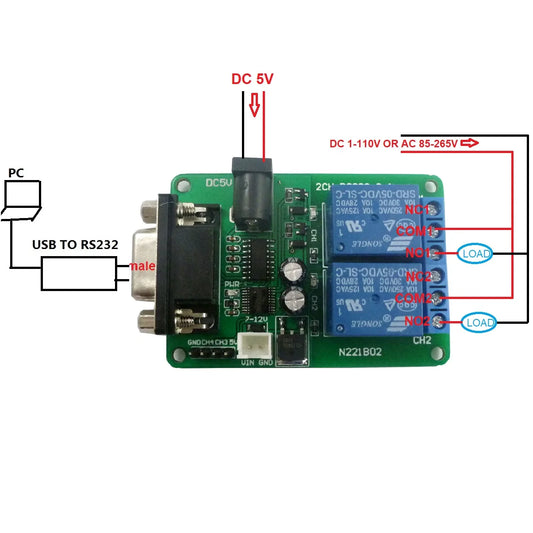 N221B02 DC 5V 7.5V 9V 2Ch RS232 Relay Board Remote Control USB PC UART COM Serial Ports