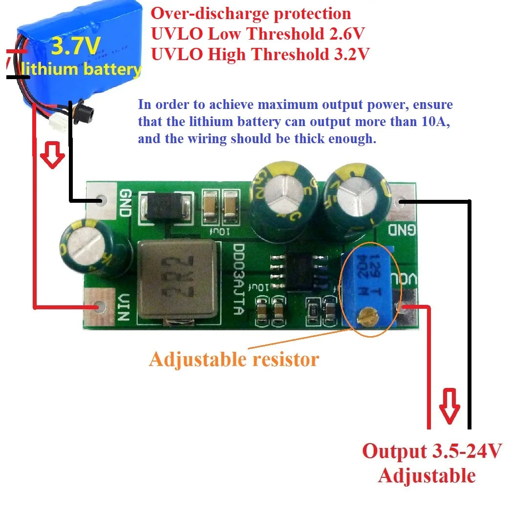 DD03AJTA 6A High-power DC 2.7-5.5V to 3.5-24V Step-Up Boost Converter Module for Li-ion Lipo UVLO PTZ IP Camera PLC Motro LED