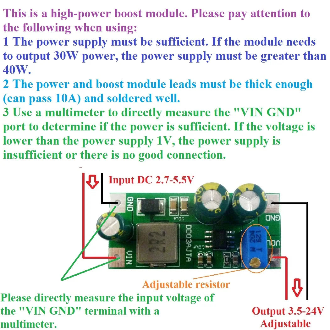 DD03AJTA 6A High-power DC 2.7-5.5V to 3.5-24V Step-Up Boost Converter Module for Li-ion Lipo UVLO PTZ IP Camera PLC Motro LED