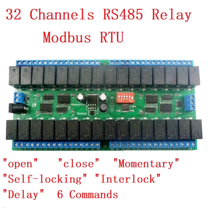 R421C32 DC 12V 24V 32ch Modbus RTU RS485 Relay Switch Board UART Serial port Module DIN Rail Box PLC expanding board