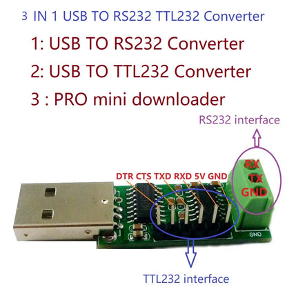 UD67A01 3 in 1 USB TO RS232 TTL232 Pro Mini Download cable Serial ports CH340 Converter Board Industrial grade IC SP232