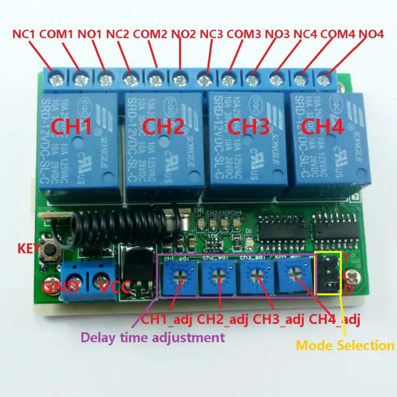 RF22A04 433.92M DC 12V 4Ch Multifunction Wireless Controller Timer Delay Relay RF Switch & EV1527 ASK OOK Remote control