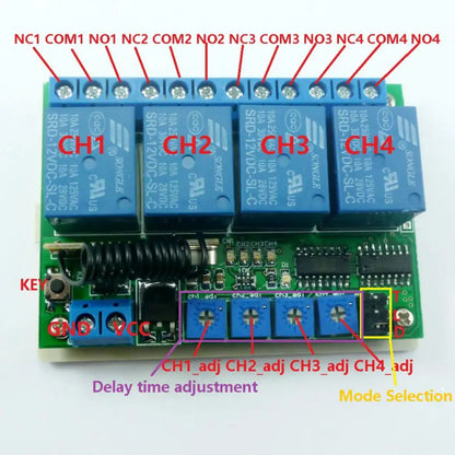 RF22A04 433.92M DC 12V 4Ch Multifunction Wireless Controller Timer Delay Relay RF Switch & EV1527 ASK OOK Remote control