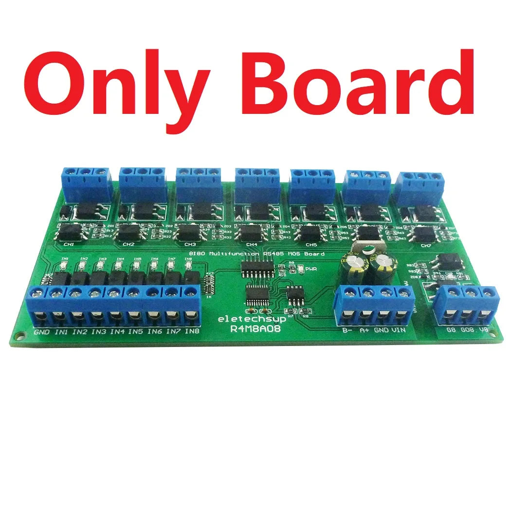 R4M8A08 5A DC 6-24V 8I8O Multifunction Modbus RTU MOSFET Module Support 03 06 16 Function Code RS485 Switch Control Board DIN35 Rail Box