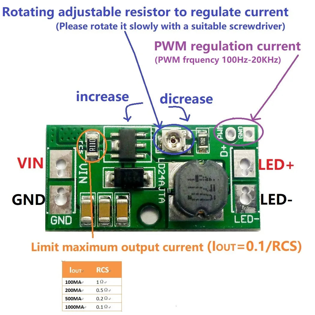 LD24AJTA DC 9V 12V 18V 24V 20W Adjustable LED Driver PWM Controller DC-DC Step-down Constant Current Converter