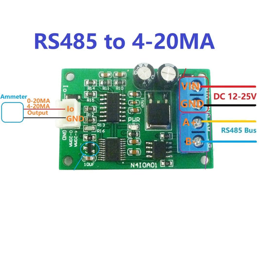 N4IOA01 DC 12V RS485 to 4-20MA 0-20MA Current Signal Generator DAC Converter Module Modbus RTU for PLC Measuring Instruments