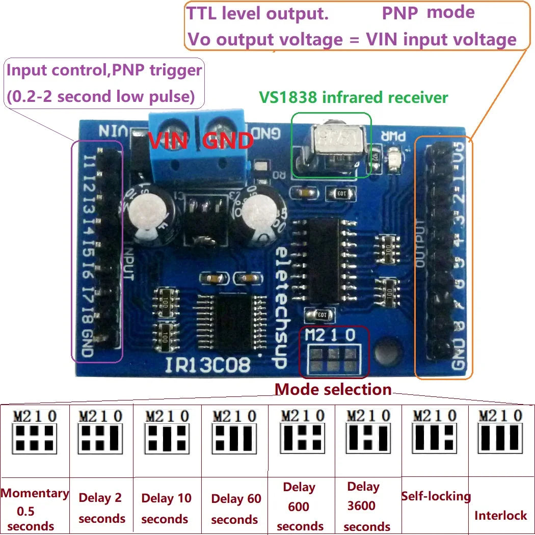 IR13C08 8CH DC 5V 12V Multi-function IR infrared remote control module Delay Self-locking VS1838 Receiver decoder for Relay Switch Board
