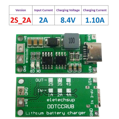 DDTCCRUB Multi-Cell 2S 3S 4S Type-C To 8.4V 12.6V 16.8V Step-Up Boost LiPo Polymer Li-Ion Charger 7.4V 11.1V 14.8V 18650 Lithium Battery