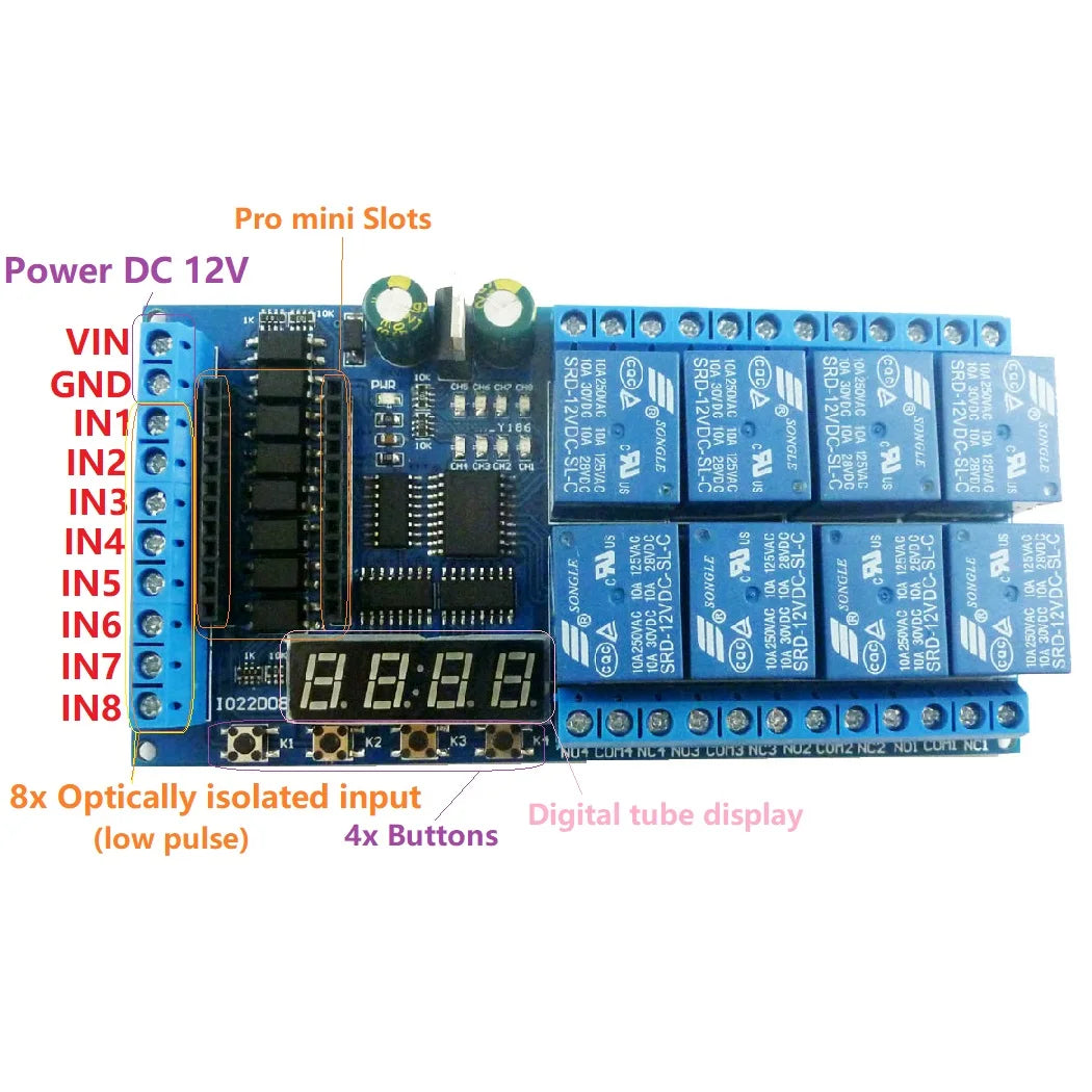 IO22D08 8ch DC 12V Pro mini Relay Shield Module PLC Board for Arduiuo  MEGE2560 Delay Self-locking Interlock Timer Switch