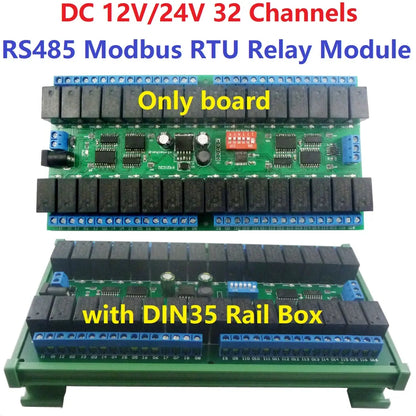 R421C32 DC 12V 24V 32ch Modbus RTU RS485 Relay Switch Board UART Serial port Module DIN Rail Box PLC expanding board