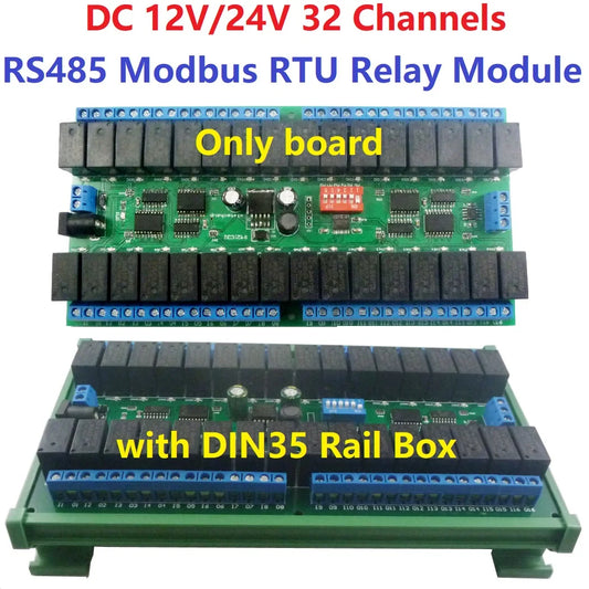 R421C32 DC 12V 24V 32ch Modbus RTU RS485 Relay Switch Board UART Serial port Module DIN Rail Box PLC expanding board