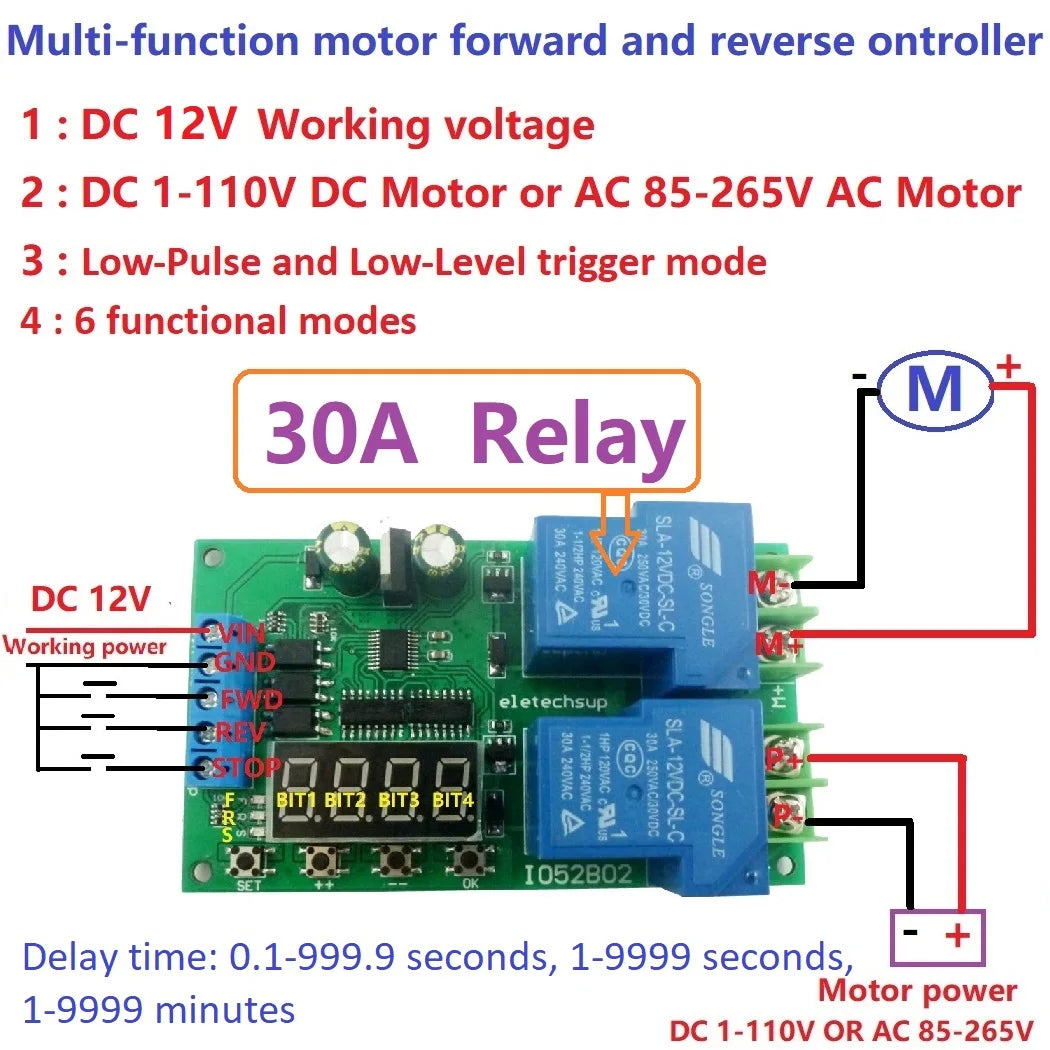 IO52B02 30A 12V Multifunction DC/AC Motor Forward & Reverse Controller 0.1-999.9S Delay Relay Module