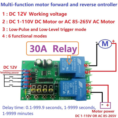 IO52B02 30A 12V Multifunction DC/AC Motor Forward & Reverse Controller 0.1-999.9S Delay Relay Module