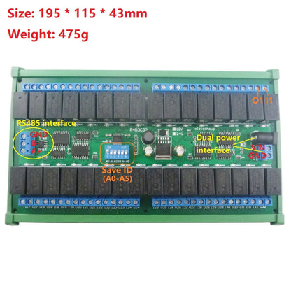 R421C32 DC 12V 24V 32ch Modbus RTU RS485 Relay Switch Board UART Serial port Module DIN Rail Box PLC expanding board
