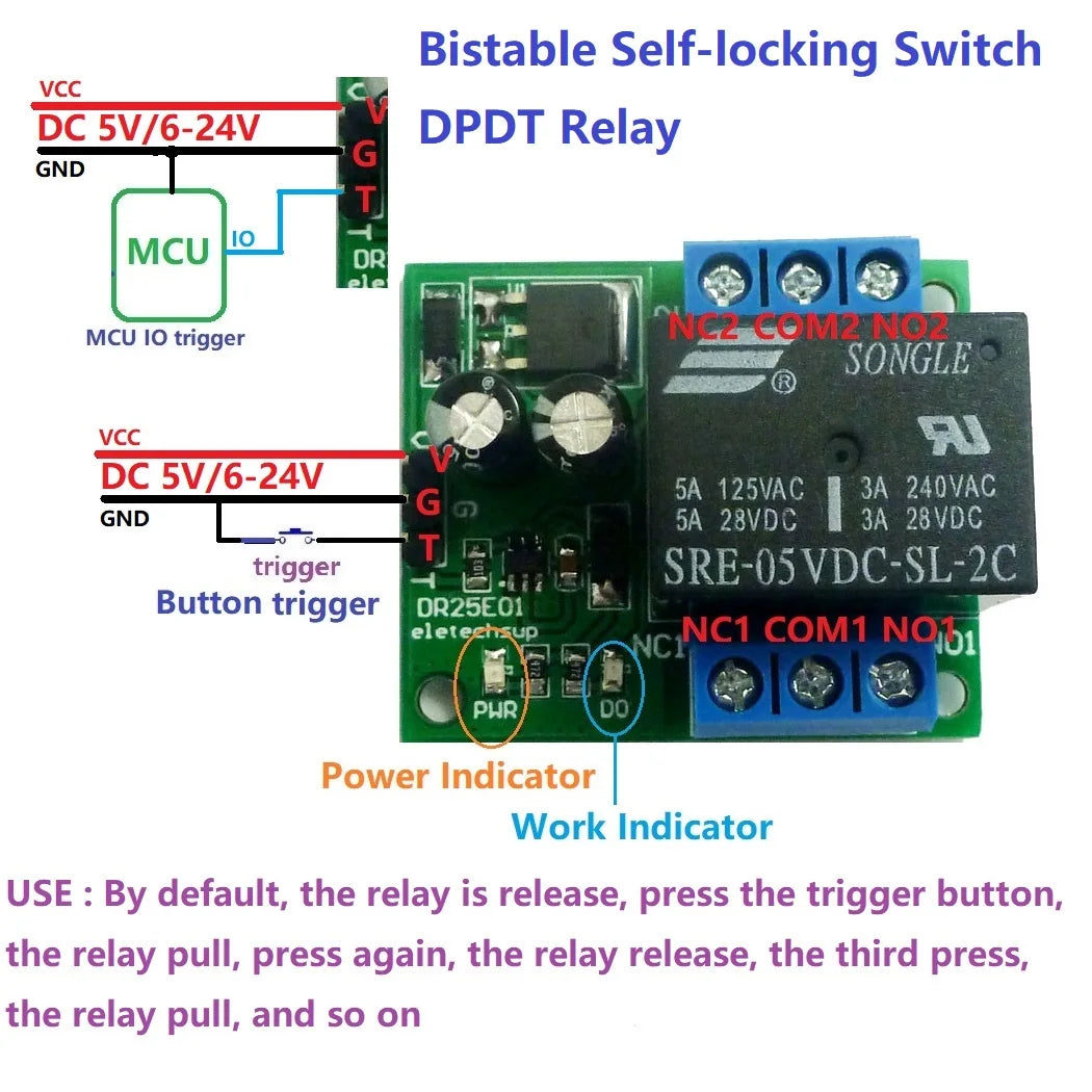 DR25E01 DC 5-24V 3-5A Flip-Flop Latch DPDT Relay Module Bistable Self-locking Double Switch Board for Arduiuo  MEGA AVR LED