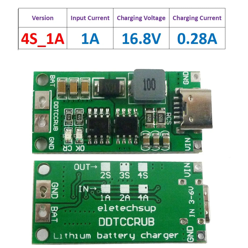 DDTCCRUB Multi-Cell 2S 3S 4S Type-C To 8.4V 12.6V 16.8V Step-Up Boost LiPo Polymer Li-Ion Charger 7.4V 11.1V 14.8V 18650 Lithium Battery