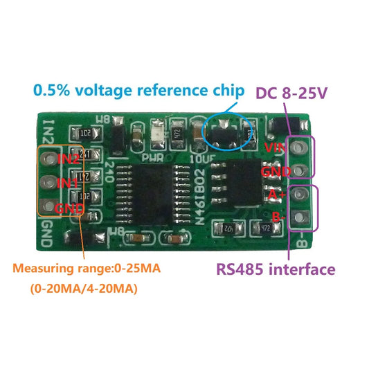N46IB02 4-20MA to RS485 2 Channel DC 12V 0-25MA Analog acquisition module 12Bit  ADC Board Modbus RTU PLC