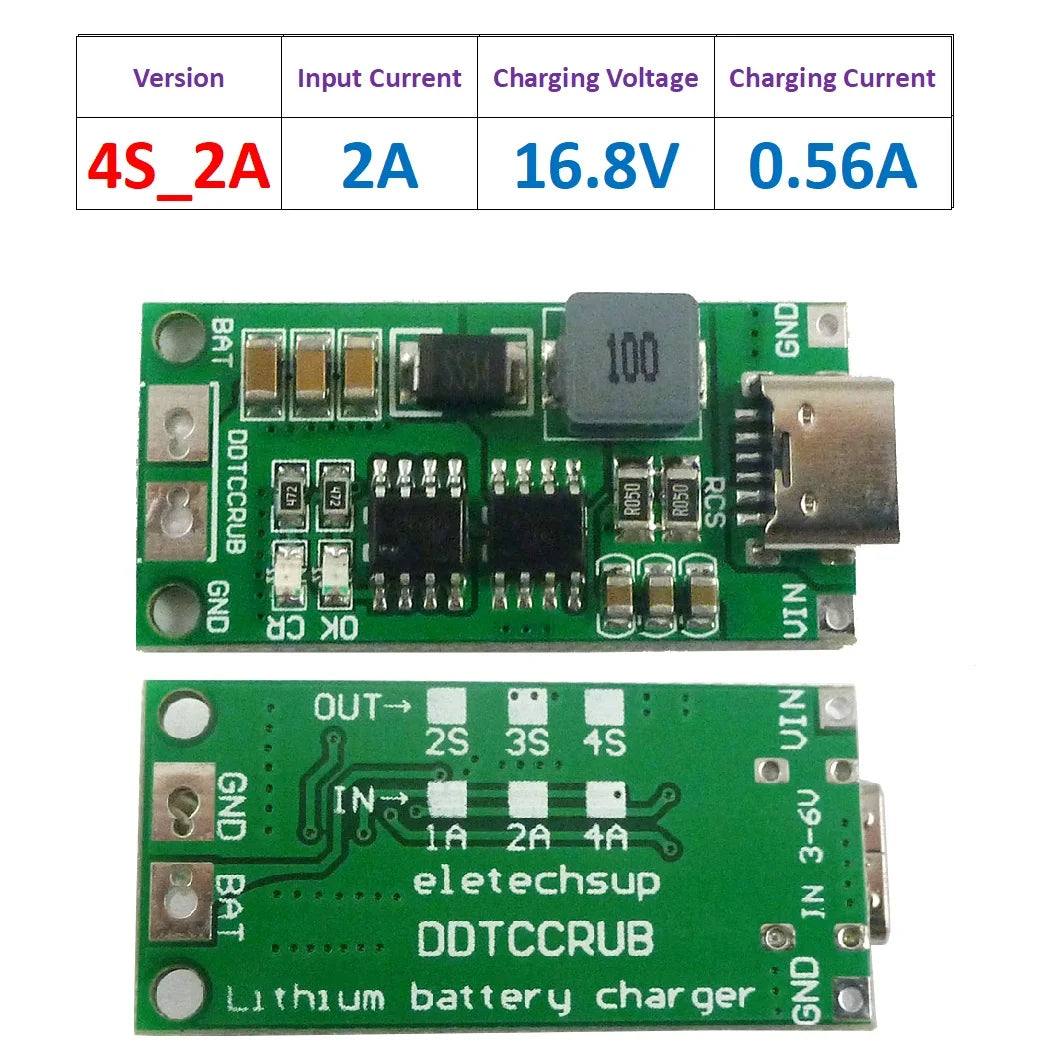 DDTCCRUB Multi-Cell 2S 3S 4S Type-C To 8.4V 12.6V 16.8V Step-Up Boost LiPo Polymer Li-Ion Charger 7.4V 11.1V 14.8V 18650 Lithium Battery