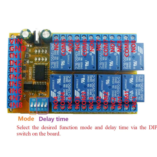 IO25E08 8ch DC 5V 12V 24V DIP Switch Delay Relay Module Flip-Flop Latch Bistable Self-locking Interlock Latch Power Conditioner