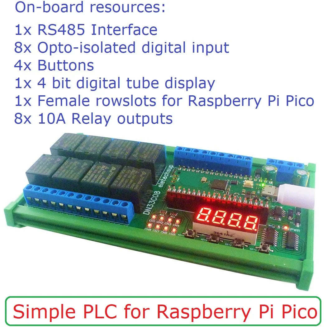 DN33C08 PICO2020 DC 12V 24V 8ch Multifunction Delay Timer RS485 Modbus Relay Module for Simple Open PLC Python C++