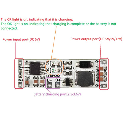 LFUPSMA LiFePO4 3.6V Charger & Booster DC 3.2V to 5V 9V 12V Step-up DC-DC Converter UPS Diy Board for Arduino ESP32 ESP8266 Wifi IOT