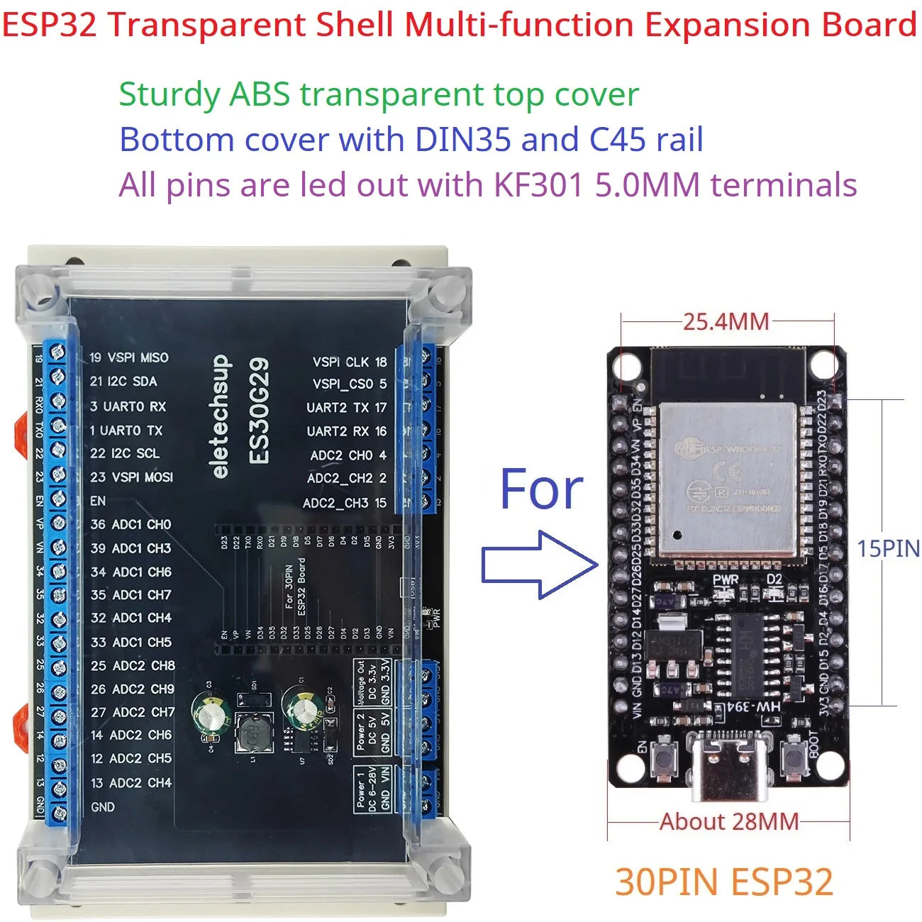 ES30G29 Transparent Cover ESP32 Devkit Expansion Board Din Rail 5.0 Cross Terminal Block Adapter Module for Bluetooth Arduino Wifi IOT