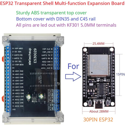 ES30G29 Transparent Cover ESP32 Devkit Expansion Board Din Rail 5.0 Cross Terminal Block Adapter Module for Bluetooth Arduino Wifi IOT
