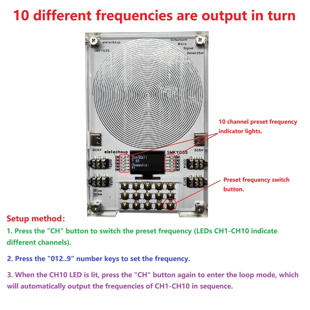 SMKYG35 0.01-100kHz Frequency Adjustable Pure Sine Wave Generator with 10CH Preset, 7.83Hz Schumann Resonance Machine