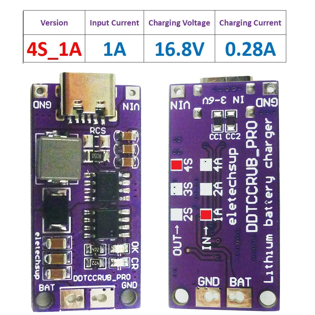 DDTCCRUB 1-4Cell Type-C to 4.2V 8.4V 12.6V 16.8V LiPo Li-Ion Battery Pack Portable Charger Diy Outdoor Emergency Power Supply Solar Panel