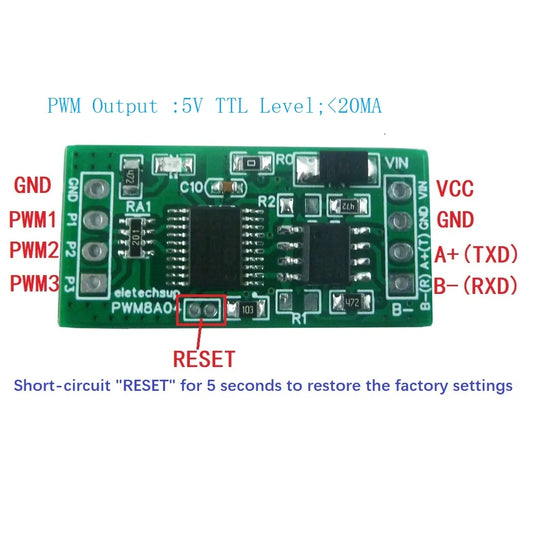 PWM8A04 3Ch RS485 to PWM Square Wave Pulse Generator 1Hz-20kHz Frequency Duty Cycle Adjustable DC 5V 12V