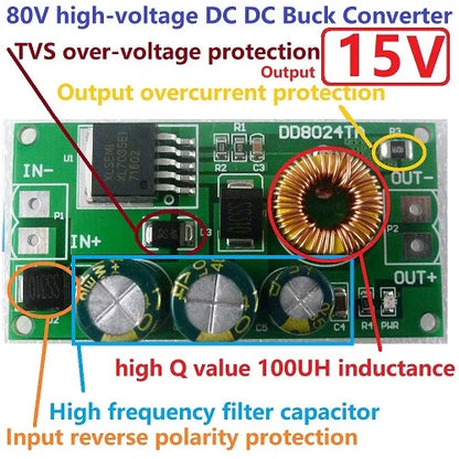 DD8024TA High-Voltage EBike DC-DC Converter Buck Step-Down Regulator Module 80V 72V 64V 60V 48V 36V 24V to 15V 12V 9V 6V 5V 3.3V