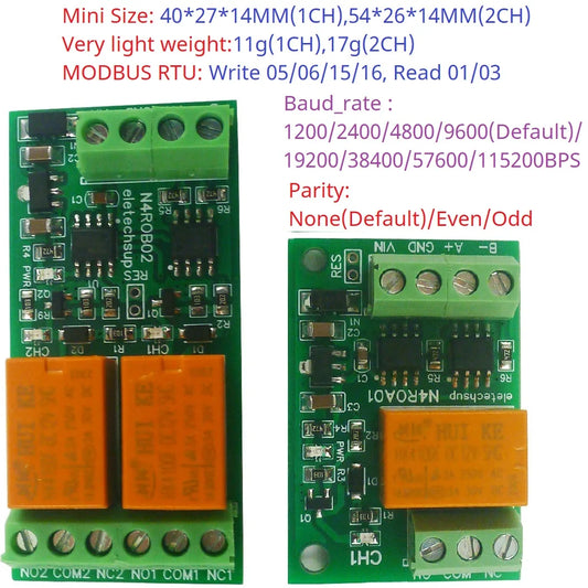 N4ROA01 N4ROB02 Mini Size 1/2CH Multifunction RS485/RS422 Relay Module 8 Commands ON OFF Momentary Self-locking Interlock Delay DC 12V/24V