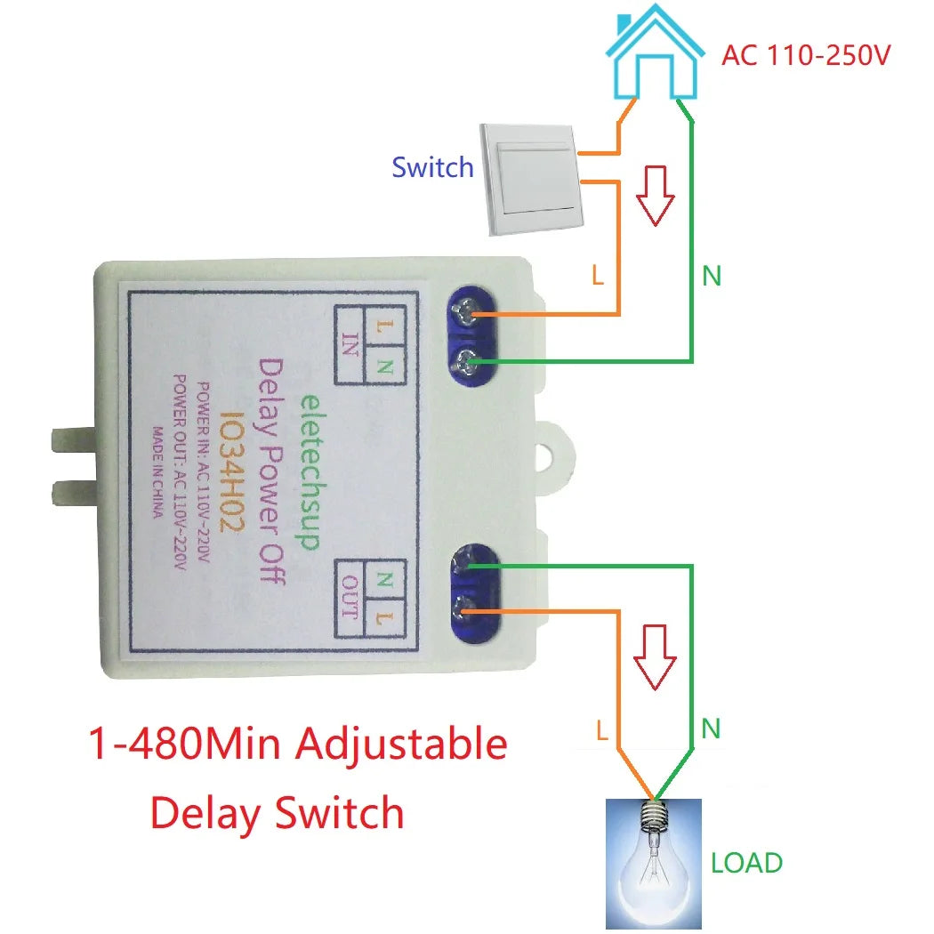 IO34H02 110V 120V 220V 50-60HZ AC Time Delay Relay DIP Switch to Set Time Switch for Light Fan Small Power Water Pump Automatic Door