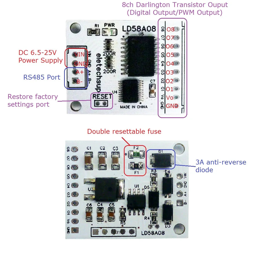 LD58A08 8ch RS485 Modbus RTU DO/PWM Output Multifunction MOS Driver Board for Multilayer Signal Lights LED Relay Solenoid Valves Motor