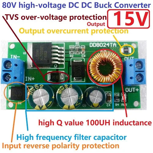 DD8024TA High-Voltage EBike DC-DC Converter Buck Step-Down Regulator Module 80V 72V 64V 60V 48V 36V 24V to 15V 12V 9V 6V 5V 3.3V