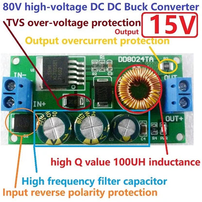 DD8024TA High-Voltage EBike DC-DC Converter Buck Step-Down Regulator Module 80V 72V 64V 60V 48V 36V 24V to 15V 12V 9V 6V 5V 3.3V