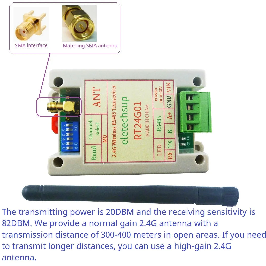 RT24G01 UHF Radio Modem 2Mbps Air Data Rate RS485 Fast Transceiver 2.4G 20DBM Quasi-Full-Duplex UART DTU Module for Smart Meter Scale