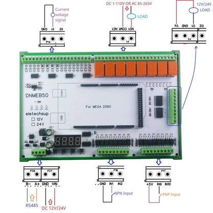 DNMEB50 16AI-16DI-16DO 4-20MA Current 0-5V/10V/30V Voltage Dry Wet Contact MOS RS485 Relay MEGA2560 R3 Expanding Board for Arduino PLC