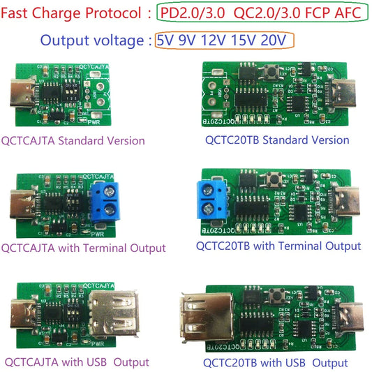 QCTCAJTA Type-C PD2.0 PD3.0 QC2.0 QC3.0 PD2.0 AFC Fast Charge decoy Trigger Module DC 5V 9V 12V 15V 20V for PTZ Camera PLC WIFI Router