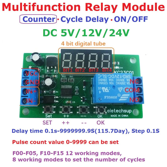 KC23C01 Multifunction Pulse Counter Switch Adjustable Timer Delay Turn On/Off Relay Module DC 5V 12V 24V