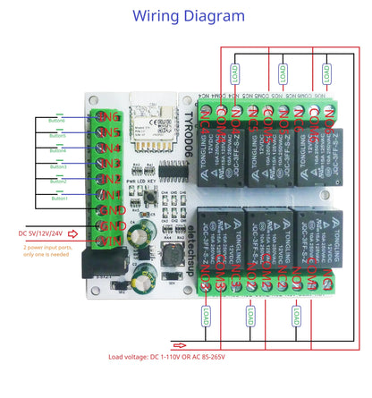 TYROD06 6 DI-DO DC 5V/12V/24V IOS Android Smart Wifi Relay 2.4G RF Remote Control IOT Switch NPN IN Dry Contact Out Tuya Smart Life APP
