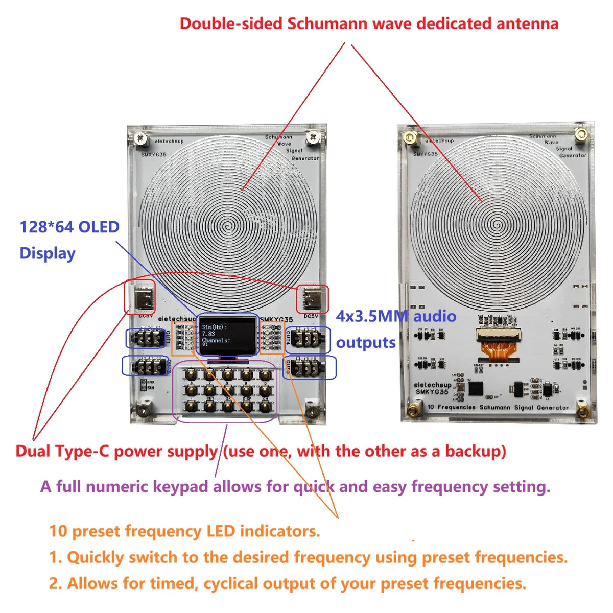 SMKYG35 0.01-100kHz Frequency Adjustable Pure Sine Wave Generator with 10CH Preset, 7.83Hz Schumann Resonance Machine