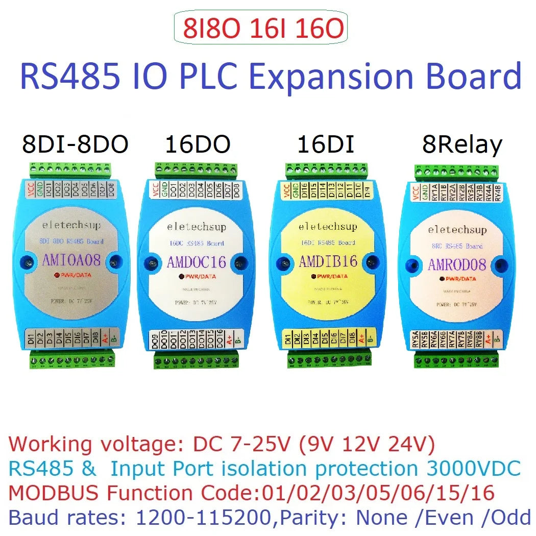 AMDIB16 AMIOA08 AMROD08 AMDOC16 DC 12V 24V 8DI-8DO 16DI 16DO RS485 Isolated communication Digital NPN PNP Input and Output MODBUS RTU PLC Expansion Board